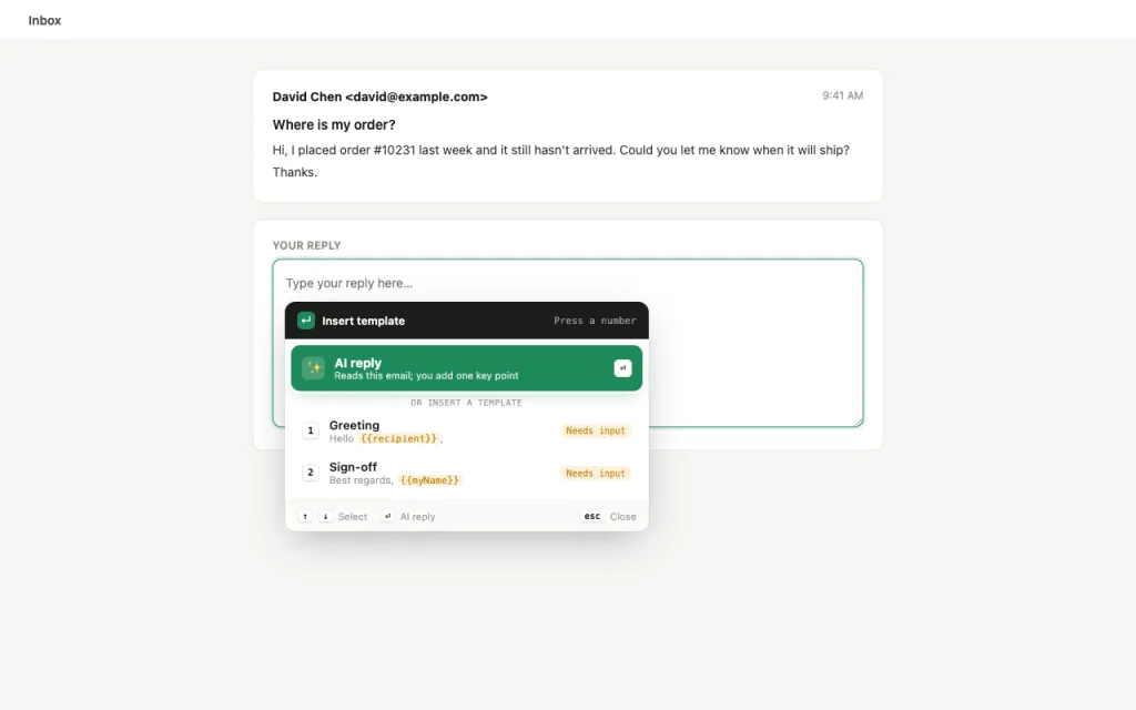 The Keyjot command window open at the cursor in a reply field, with an AI reply row and numbered templates